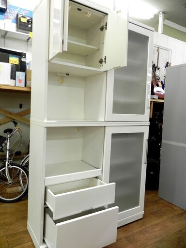 マルミツ レンジボード ホワイト/白 エナメル 幅210×奥42×高210cm 食器棚 スライド 収納 キッチン 家具 札幌市 厚別区