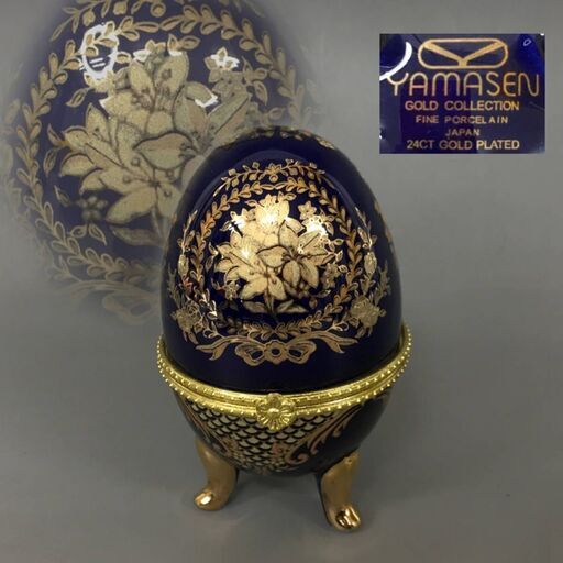 BF3/32　YAMASEN 陶器 ジュエリーケース エッグスタンド 24CT GOLD PLATED たまご型 エッグ ボックス 小物入れ 宝石箱 昭和 レトロ