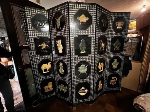 中国 古玩玉石神獸細密彫刻衝立