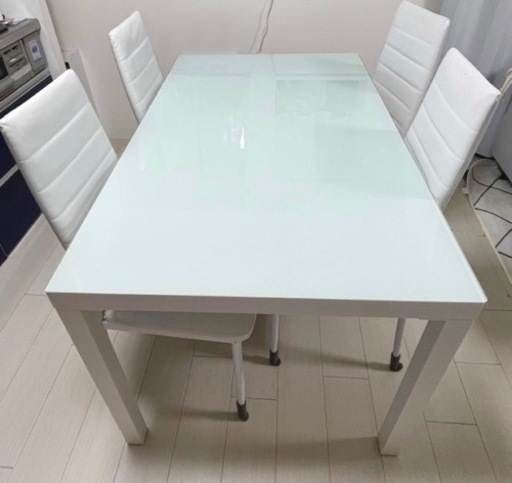 オシャレなホワイトガラス ダイニングテーブル5点set