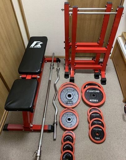 ④ 状態良好 ファイティングロード/FIGHTING ROAD フラットインクラインベンチ－ＴRUST+セーフティガード－TRUST+ラバープレート60Kg+バーベルWシャフト 1本＋バーベルシャフト 1本+ダンベルシャフト 2本 手渡し希望/自社配送可能（配送エリアについてお問い合わせください）