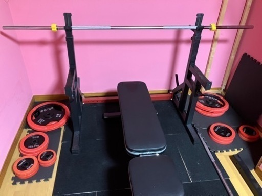 筋トレ、トレーニング用　ラバー付バーベルプレート　バーベルスタンドSet