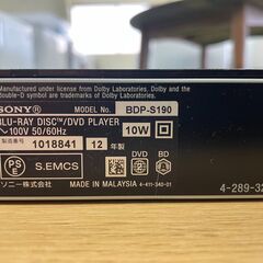 商談中につき受付停止　　【SONY】ブルーレイ DVD プレーヤー 2012年 BDP-S190 ソニー 50/60Hz共用 再生 BD 福島 郡山市 aの画像