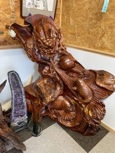 龍　鯉　滝登り？　彫刻　木製　飾り