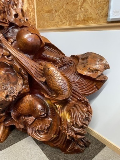 龍　鯉　滝登り？　彫刻　木製　飾り