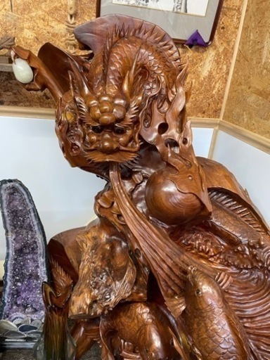 龍　鯉　滝登り？　彫刻　木製　飾り