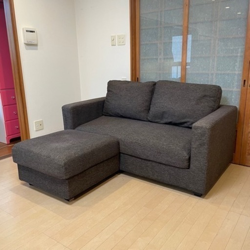 【美品‼️】コンパクト♪ 157cm幅2人掛けカウチソファ カバーリング 布製ダークブラウン オットマン付き♪