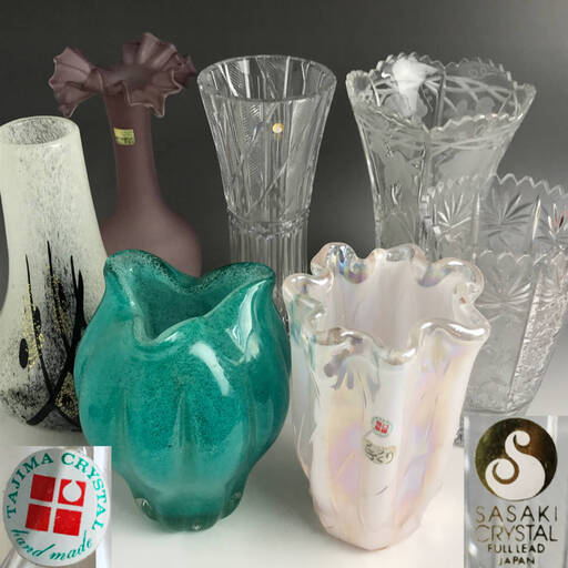 FI17/7　ガラス 花瓶 まとめて7点 フラワーベース KURATA TAJIMA SASAKI CRYSTAL クリスタルガラス カットグラス 花器 花入 華道 茶道