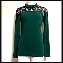 胸元 デコルテ レース リブカットソー 黒緑 長袖 トップスの画像