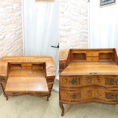 イタリア製 ライティングビューロー デスク チェスト 象嵌細工 彫刻細工 猫脚 ネコ脚 鍵付き 2段引出し 検) ロイズ アンティークス■近隣配送無料 買取帝国 朝霞店 ヤ出の画像