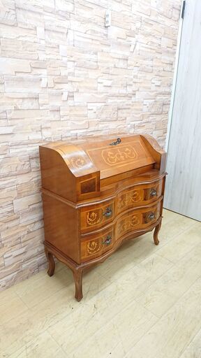 イタリア製 ライティングビューロー デスク チェスト 象嵌細工 彫刻細工 猫脚 ネコ脚 鍵付き 2段引出し 検) ロイズ アンティークス■近隣配送無料 買取帝国 朝霞店 ヤ出