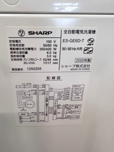 NO.251 【2020年製】SHARP 全自動洗濯機 6kg ES-GE6D-T