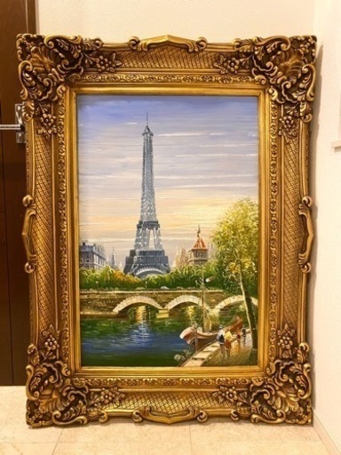 特大　絵画　油絵　肉筆　エッフェル塔　セーヌ川　パリ　フランス　アンティーク　豪華額縁　ゴールド　明るい絵