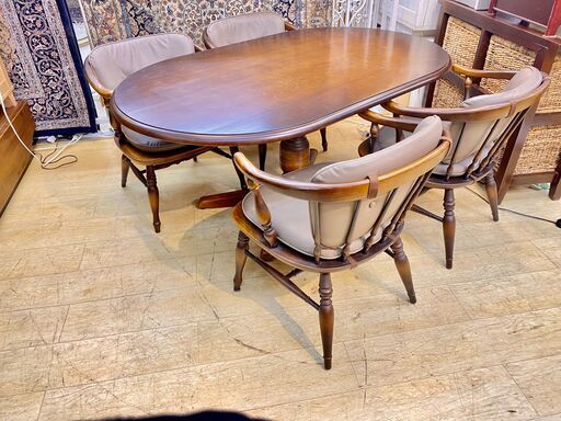 飛騨 キツツキ ダイニング5点セット 4人用 楕円テーブル アームチェア4脚 クッション付 アンティーク ヴィンテージ ★買取帝国 朝霞店