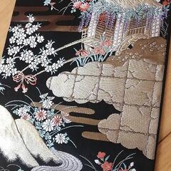 帯　黒　金銀糸箔　和装　和柄　花柄　藤　牛車　乗り物　雲　川　山の画像