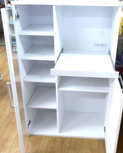 ミドルレンジボード 幅75㎝×奥行40㎝×高さ118㎝ 白エナメル ガラス扉 キッチンボード 食器棚 キッチンカウンター ホワイト 2