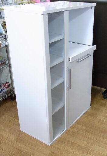 ミドルレンジボード 幅75㎝×奥行40㎝×高さ118㎝ 白エナメル ガラス扉 キッチンボード 食器棚 キッチンカウンター ホワイト 2