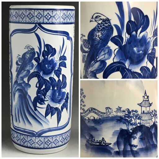 ut10/94　陶器 傘立て　染付　高さ約46㎝　花鳥草花図　和風　アンブレラスタンド　花鳥文　インテリア　置物