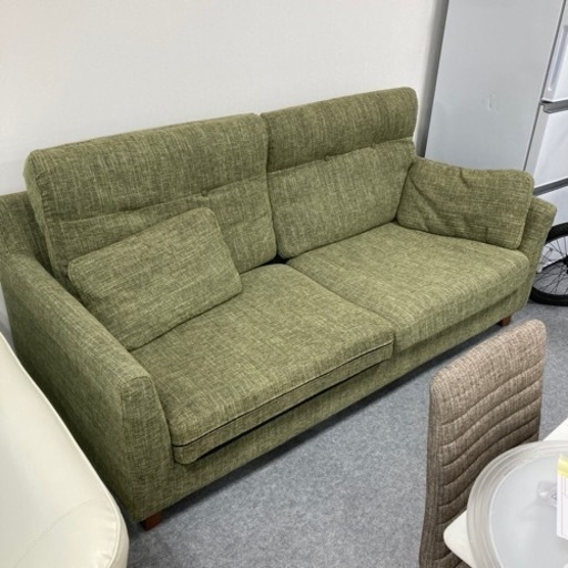 【中古品】三人掛けソファー　布張り　グリーン　　3102