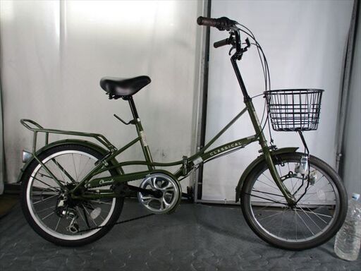 C627★￥9000円スタート★整備済み 中古折りたたみ自転車　【２０インチ　グリーン　かご付き 】