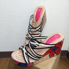 木網調　夏のサンダル　赤い花　23cm 　中古品