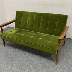 karimoku/カリモク60 Kチェア 2シーター モケットグリーン ラバートリー アームトップ ブナ 二人掛け 中古家具 店頭引取歓迎 R7017)