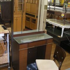 R437 鈴木木工家具、三面鏡ドレッサーライト・椅子付、幅72cm 美品