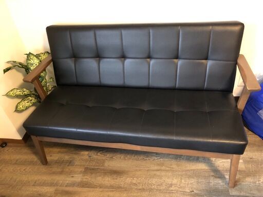 Common　ウッド　カウチ　ソファ　ベンチ　革張り　中古品　直接受け渡し　ブラック