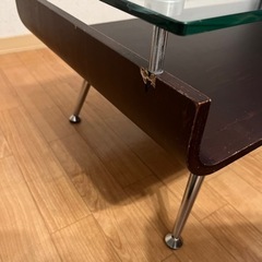 中古 ローテーブル ガラス天板 ブラウン木目　訳ありの画像