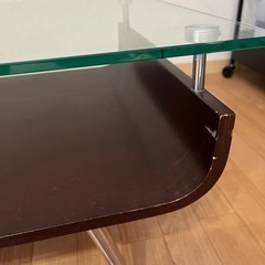 中古 ローテーブル ガラス天板 ブラウン木目　訳ありの画像