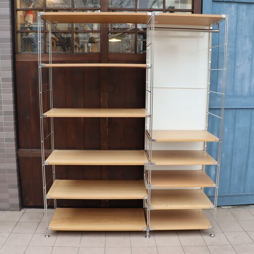 無印良品(MUJI)の人気のオーク材×ステンレス 2連ユニットシェルフ パネル付きです！ホワイトのパネルがアクセントのラックはリビングや寝室の飾り棚や本棚などにも最適です♪DC410