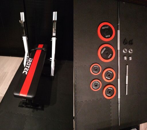 【現金手渡し】アイロテック製　ベンチプレス台 ＋ バーベルシャフト ＋ ダンベル20kg(１つ)