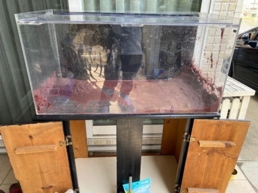 90×45×45オールクリア(背面黒フィルム有)アクリル水槽、水槽台上部フィルター、ライト、ヒーター、エアー、ろ材完備
