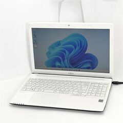 15.6型 ホワイト ノートパソコン 富士通 AH42/T 中古美品 Celeron 4GB 高速SSD DVDマルチ 無線 Bluetooth Webカメラ Win11 Office