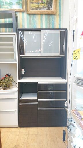 ニトリ/NITORI キッチンボード ポスティア100KB ダークブラウン 鏡面 木目調 スライドドア ソフトクローズ引出し レンジボード 食器棚■横幅100cm×奥行50cm×高さ205cm■近隣配送無料 買取帝国 朝霞店