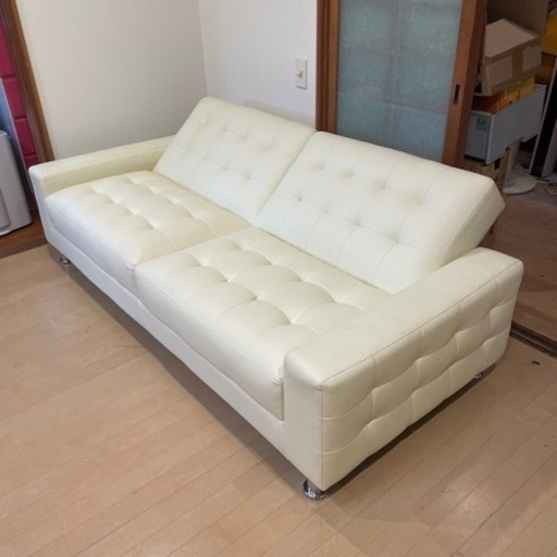 【超美品‼️】オシャレ♪ 188cm幅3人掛けソファベッド リクライニング 合成皮革クリーム♪