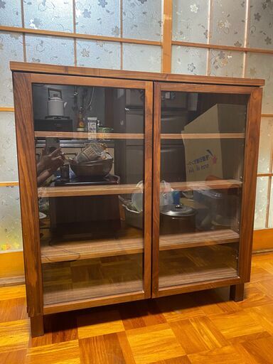 MUJI/無印良品 木製キャビネット ガラス扉 ウォールナット材 食器棚