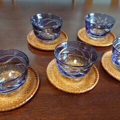 ★切子ガラスの冷茶器　籠編み茶托　各5客セット★