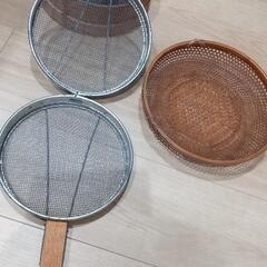 古道具　木枠ふるい　豆いり器　ざる　かご　アンティークの画像