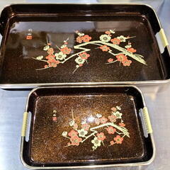 柳山　お盆　角盆　大小　梅柄　漆器　漆芸