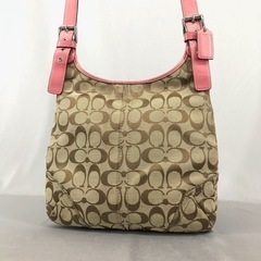 COACH コーチ ピンクレザー×シグネチャー ななめがけショルダーバッグの画像
