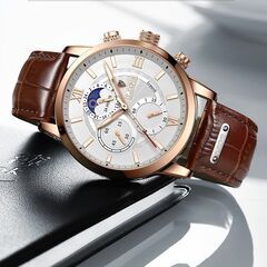 ◆新品未使用◆　　LIGE　高級ブランド　腕時計　クロノグラフ　防水　発光　本皮ベルト　ゴールドホワイトの画像