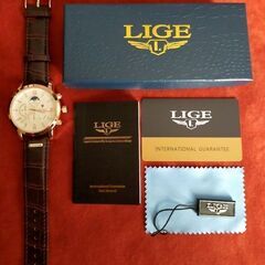 ◆新品未使用◆　　LIGE　高級ブランド　腕時計　クロノグラフ　防水　発光　本皮ベルト　ゴールドホワイトの画像