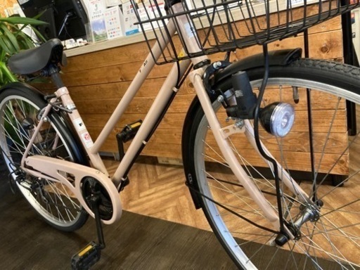 【チェーン新品！】LEDダイナモ　6段変速　26インチ自転車　ピンクベージュ