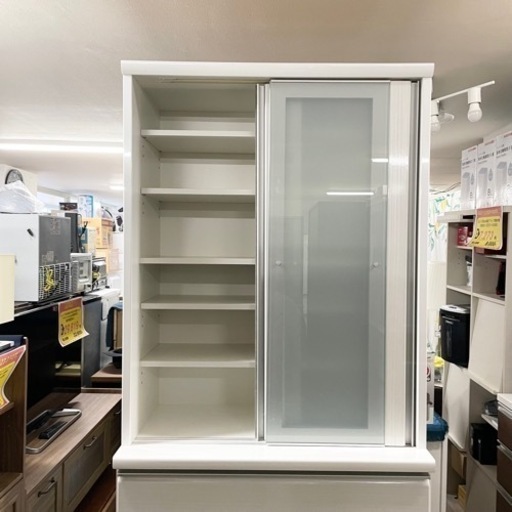 【超美品‼️】定価21万♪ 松田家具 89cm幅カップボード 食器棚 収納家具 艶あり木目調ホワイト♪
