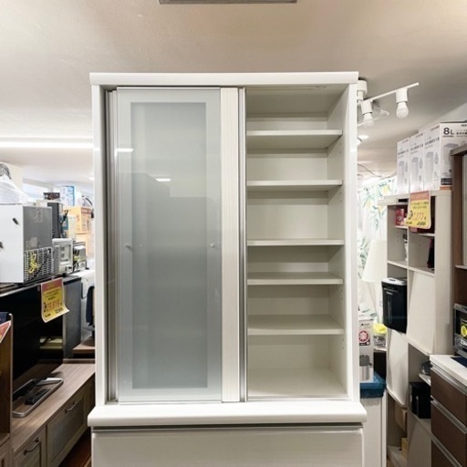【超美品‼️】定価21万♪ 松田家具 89cm幅カップボード 食器棚 収納家具 艶あり木目調ホワイト♪