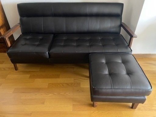 【美品】レトロモダン3人がけソファ　オットマン付き　ブラック
