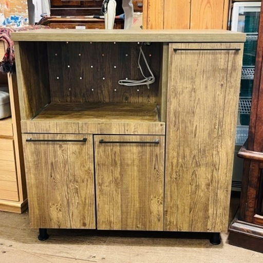 【売約済み】　レンジ台 キッチンカウンター　キッチン収納　食器棚　カップボード　レンジボード　棚　キッチンラック　作業台　スライドレール　キッチン カウンタータイプ レンジ台 幅90cm (1 sliding shelf) スライド棚付 扉付 食器棚 レンジラック 木製 カップボード Kitchen サイドキャビネット 大型レンジ コンセント付 家電収納 炊飯器