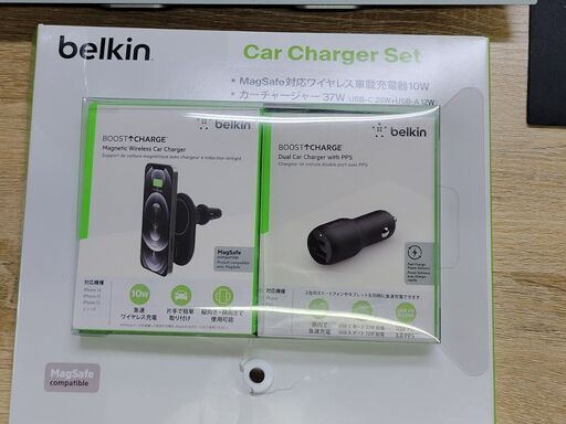 【店舗引き取り限定】BELKIN MagSafe対応ワイヤレス車載充電器 USBカーチャージャーセット iPhone対応