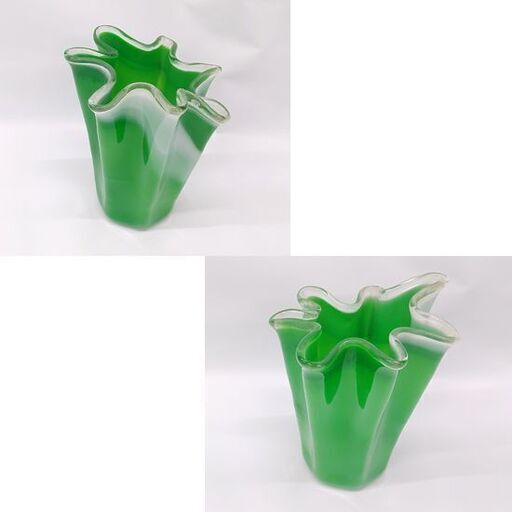 昭和レトロ ガラス花瓶 マーブル模様 緑×白 フラワーベース ☆ 札幌市